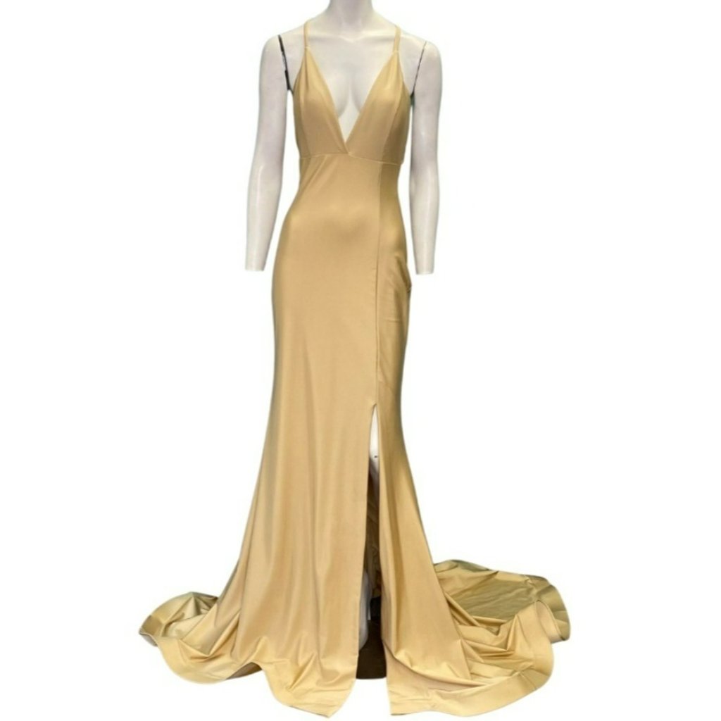 Jessica Angel 510 Criss Cross Back V-Neck High Slit Gown Toffee Size Medium Nwt
